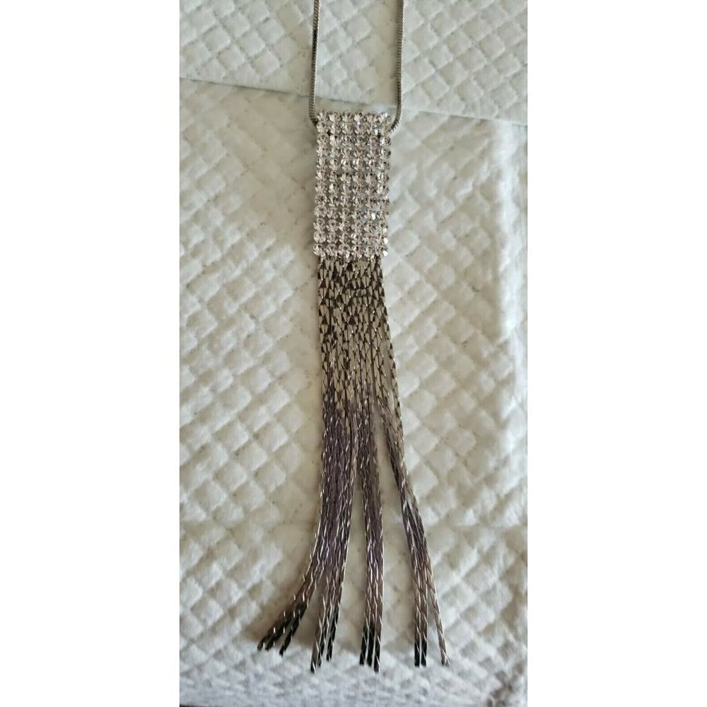 NEW NATASHA JEWELRY LONG CLEAR RHINESTONES FRINGE  SILVER COLOR PENDANT